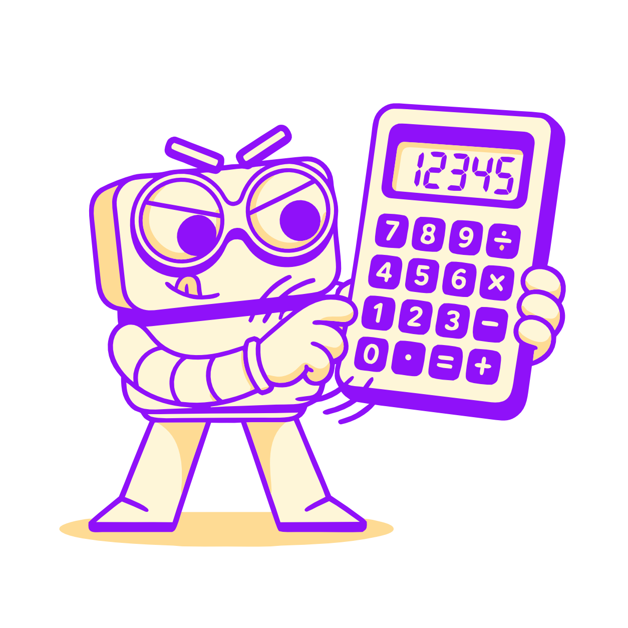 Hani, the Hantera_ mascot, holding up a calculator to work out what can be promised.