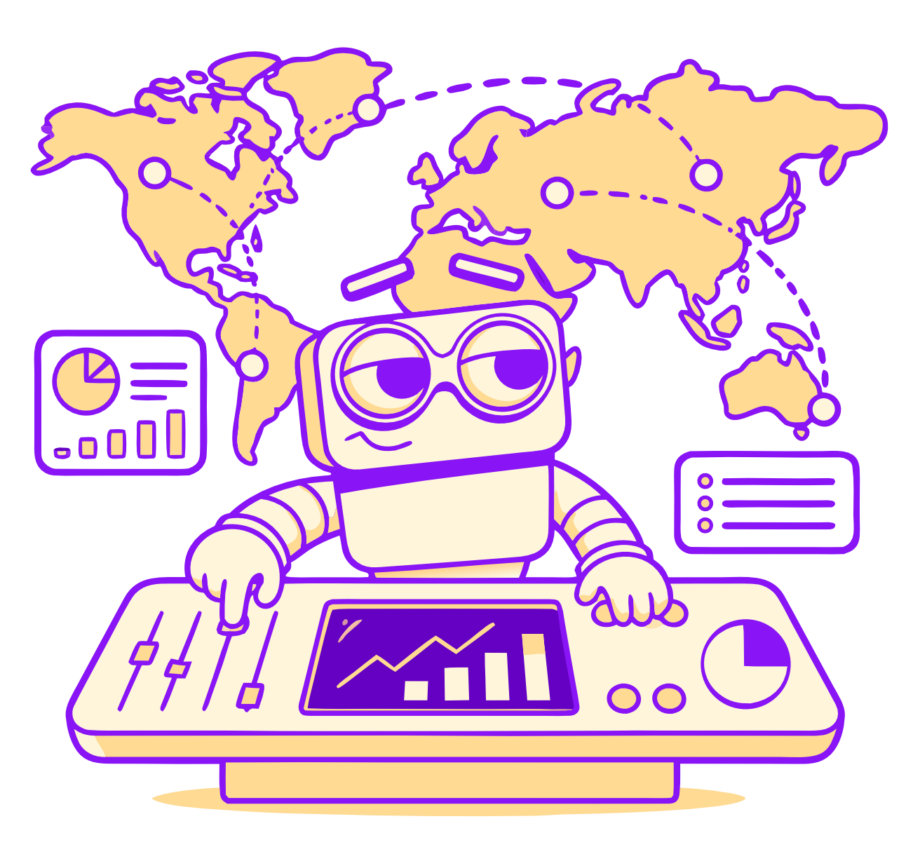Hani, the Hantera_ mascot, at a wall of market dials — currency, VAT, customs, routing and returns — keeping them all in sync from one control panel.