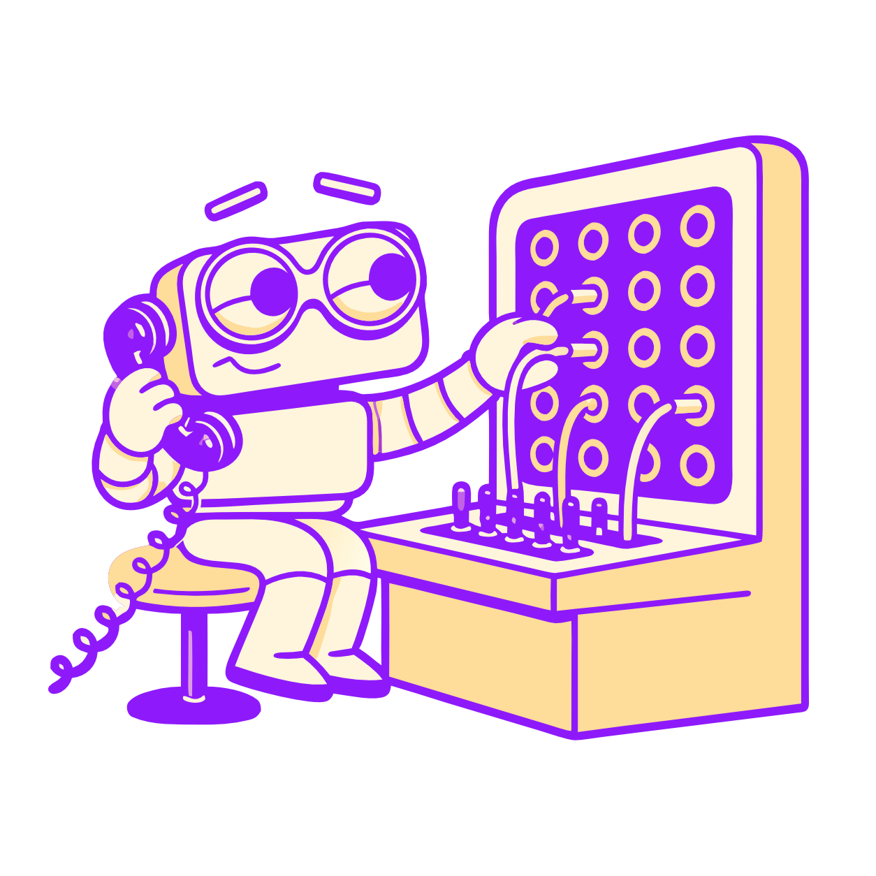 Hani, the Hantera_ mascot, at a switchboard patching several commerce systems into a single order line.