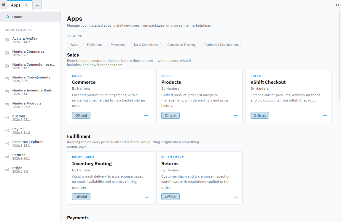 The Hantera_ app marketplace — installed apps, the apps available to install, and the version state of each app.