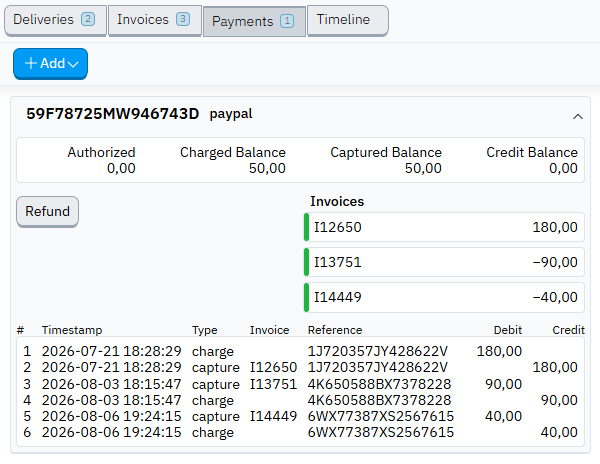 The payment panel inside a Didriksons order in Hantera_ — authorized, charged, captured and credit balances, a Refund action, the invoices the payment covers, and the full charge and capture ledger with timestamps.