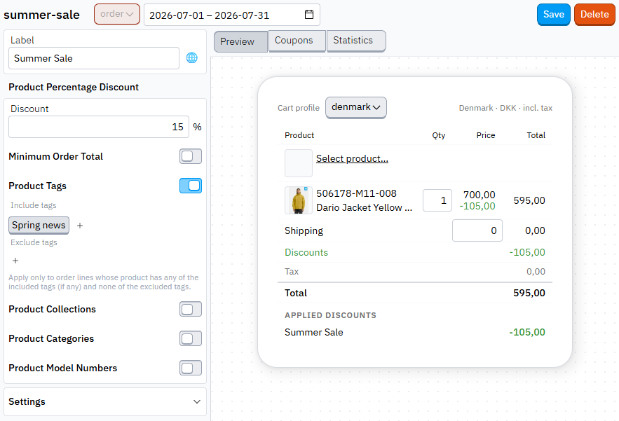 The promotion editor in Hantera_ — the promotion's name and type, the products it targets, an order-value threshold entered per currency, and the dates it runs between.