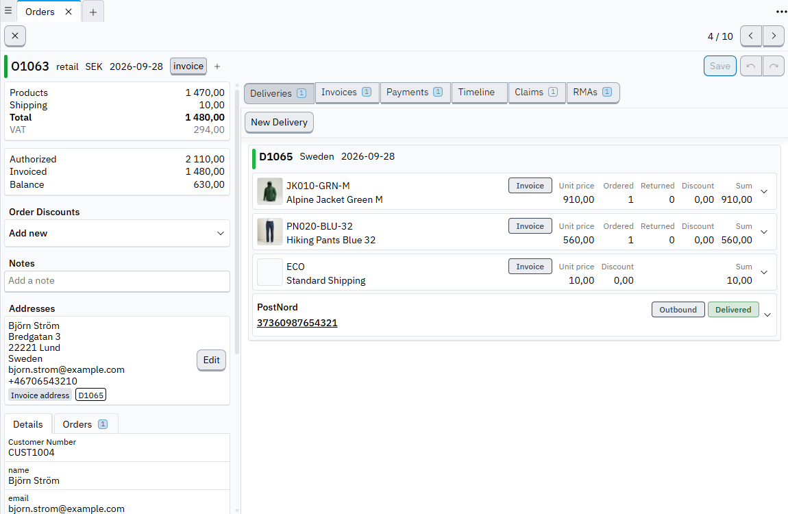 The Hantera_ order view — deliveries, payments, returns, tax and support context on a single record.